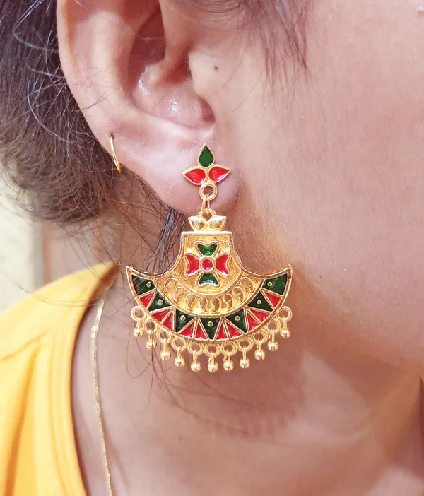 Assamese_Traditional_Copper_Gold_Plated_Red_Green_Colour_Jhumki_Earring_For_Girls_&_Women